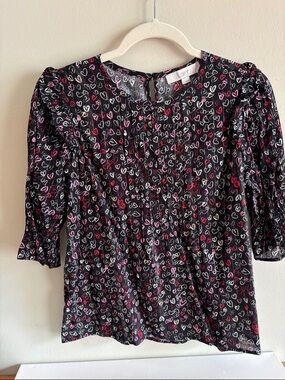 LOFT Black Heart-Print Pleated-Sleeve Blouse